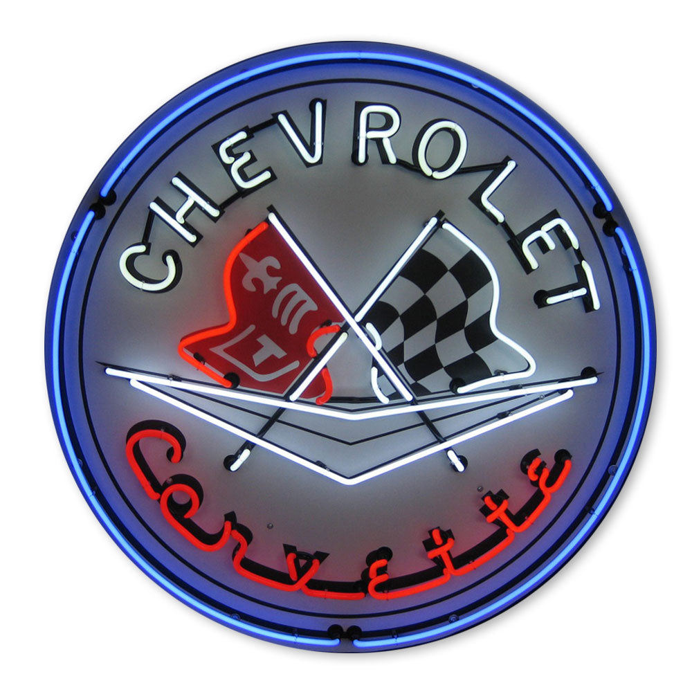 Corvette Flags Neon Sign with Blue Outer Ring