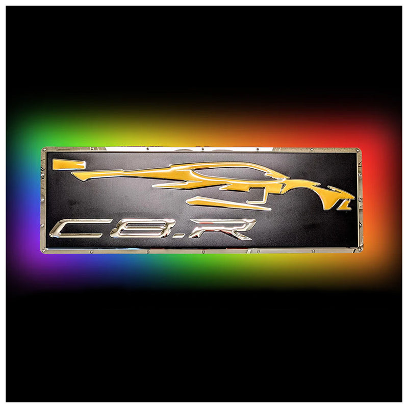 Corvette C8.R Gesture Metal Sign - with LED lights on in the dark