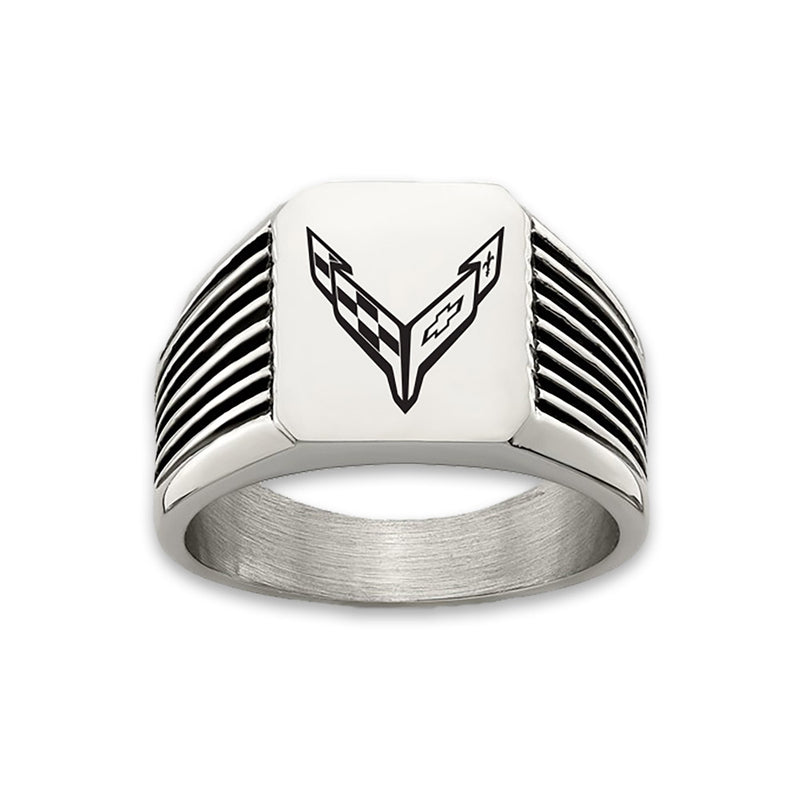 C8 Corvette Stainless Steel | Grooved Emblem Ring - Front