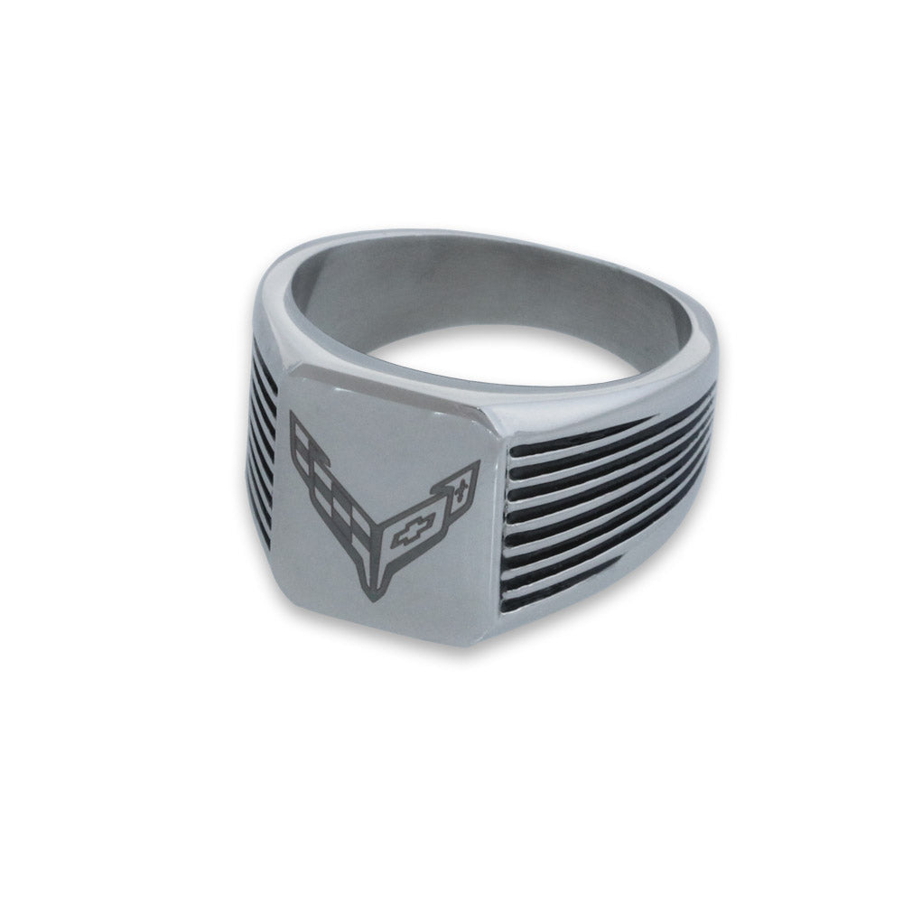 C8 Corvette Stainless Steel | Grooved Emblem Ring - Left
