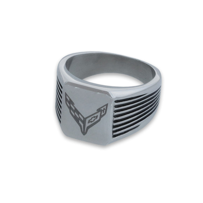 C8 Corvette Stainless Steel | Grooved Emblem Ring - Left