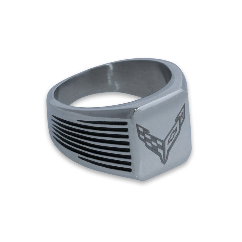 C8 Corvette Stainless Steel | Grooved Emblem Ring - Right