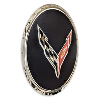 Corvette C8 Flags Circle Metal Sign - 3/4 View