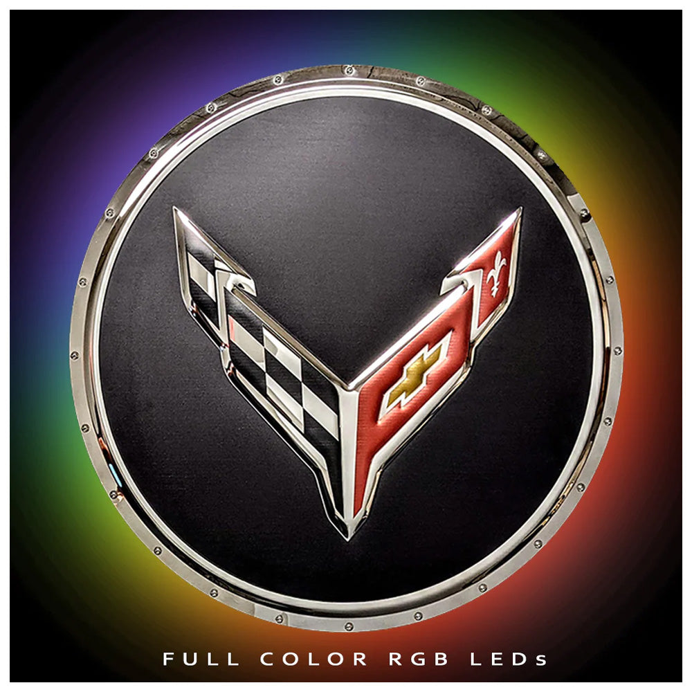 Corvette C8 Flags Circle Metal Sign - In the dark with LED lights on