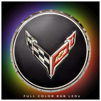 Corvette C8 Flags Circle Metal Sign - In the dark with LED lights on