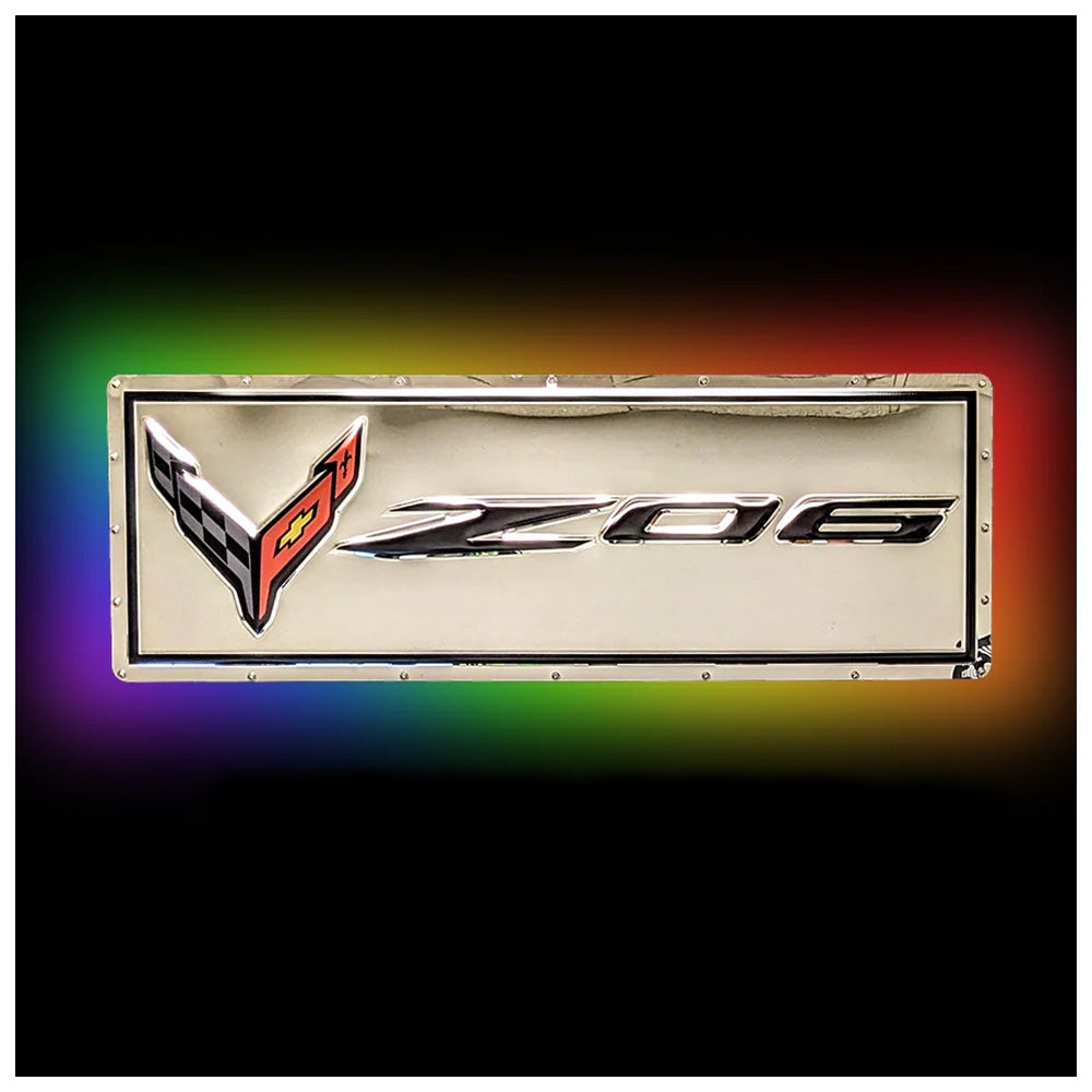Corvette C8 Z06 Metal Sign - in the dark with LED lights on