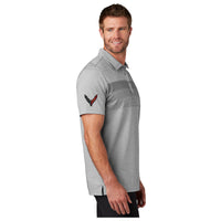 TravisMathew Chest Stripe Polo | Quiet Shade Gray Heather - On Figure Side