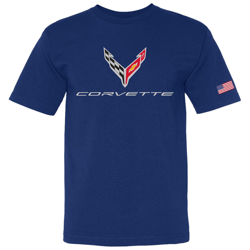 C8 Corvette USA Made | Crossed Flags Royal Tee - Front