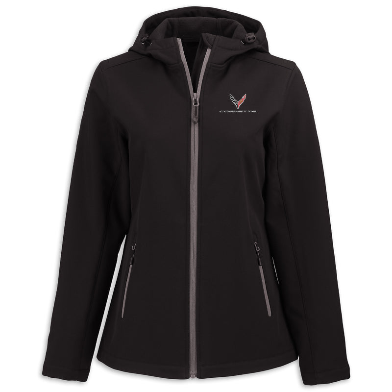 Front - Corvette Ladies Softshell Hooded Jacket | Black/Pure Slate