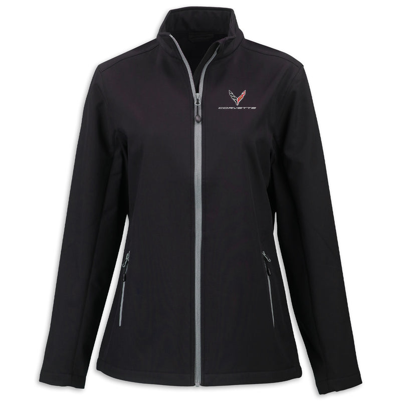 Front - Corvette Ladies Full-Zip Softshell Jacket | Black/Pure Slate