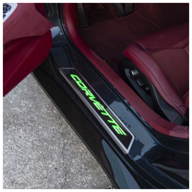 Green - C8 LED Lit Carbon Fiber Replacement Door Sills