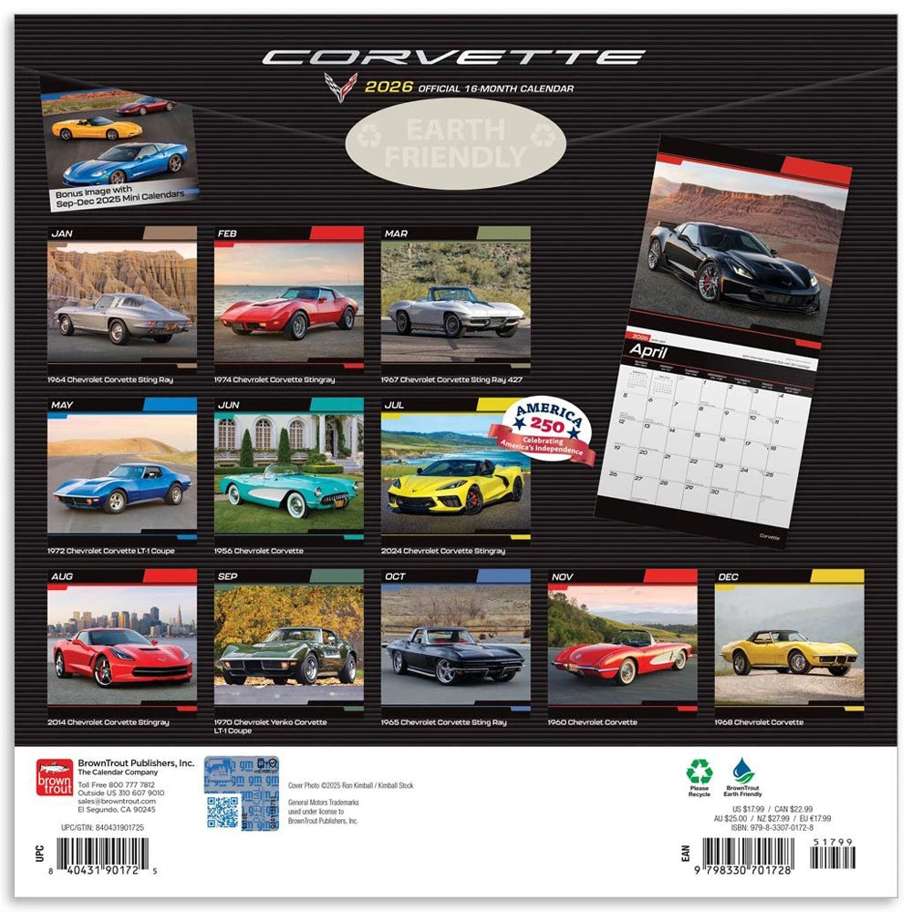 2026 Corvette 16-Month Calendar - Back View