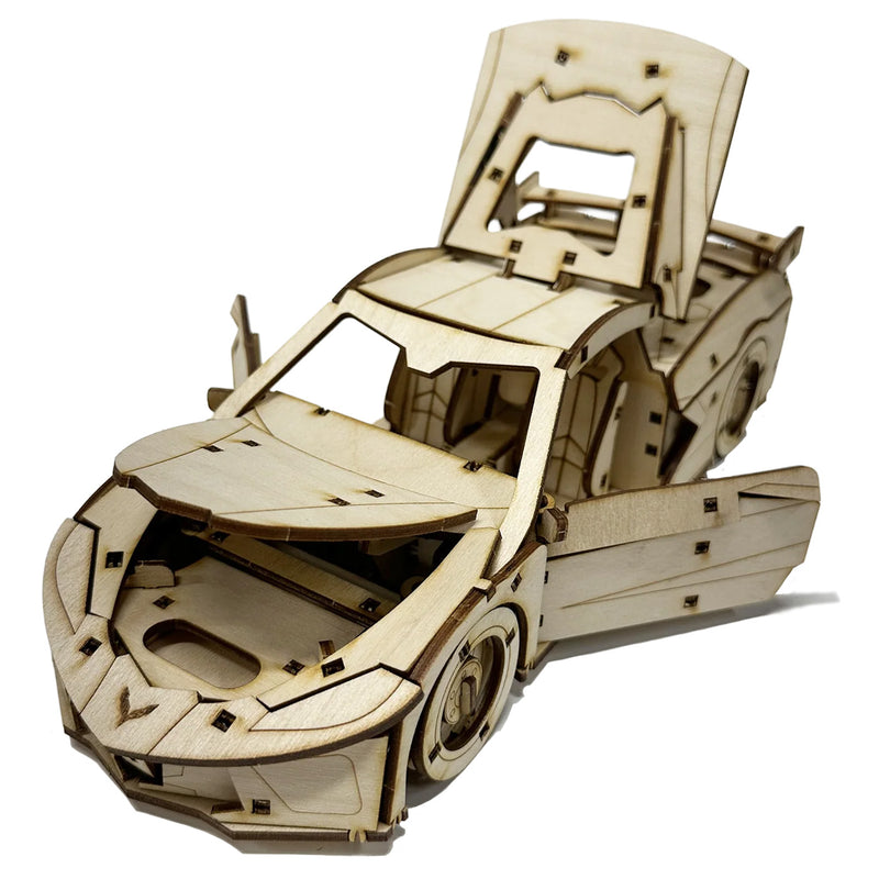 C8 Corvette Snap Together Wood Model - 3/4 View Open