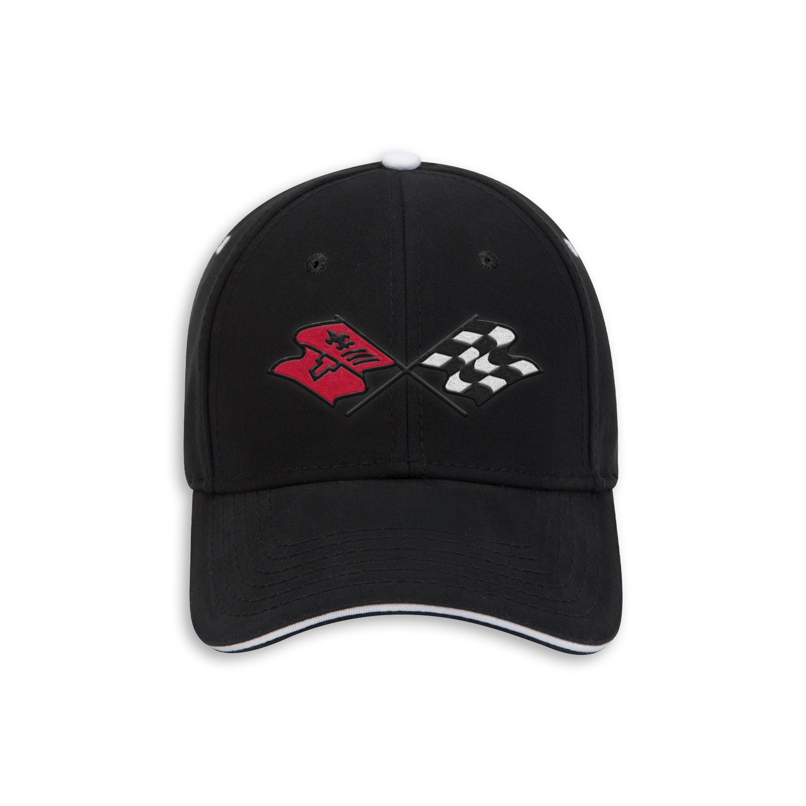 A black baseball cap featuring Corvette C3 crossed flags embroidered on the front, one red and one black-and-white checkered, with a white piping accent along the curved brim.