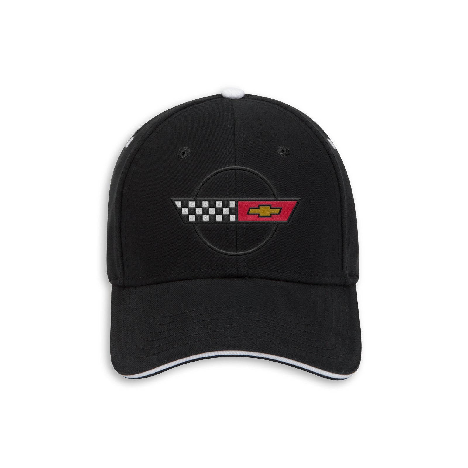 A black baseball cap featuring an embroidered Corvette C4 logo on the front, set against a plain white background.