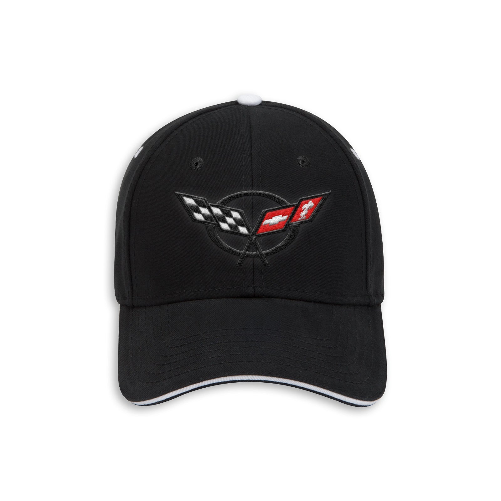 A black baseball cap featuring an embroidered Corvette C5 logo on the front, with a white top button and white piping along the edge of the curved brim, set against a plain white background.