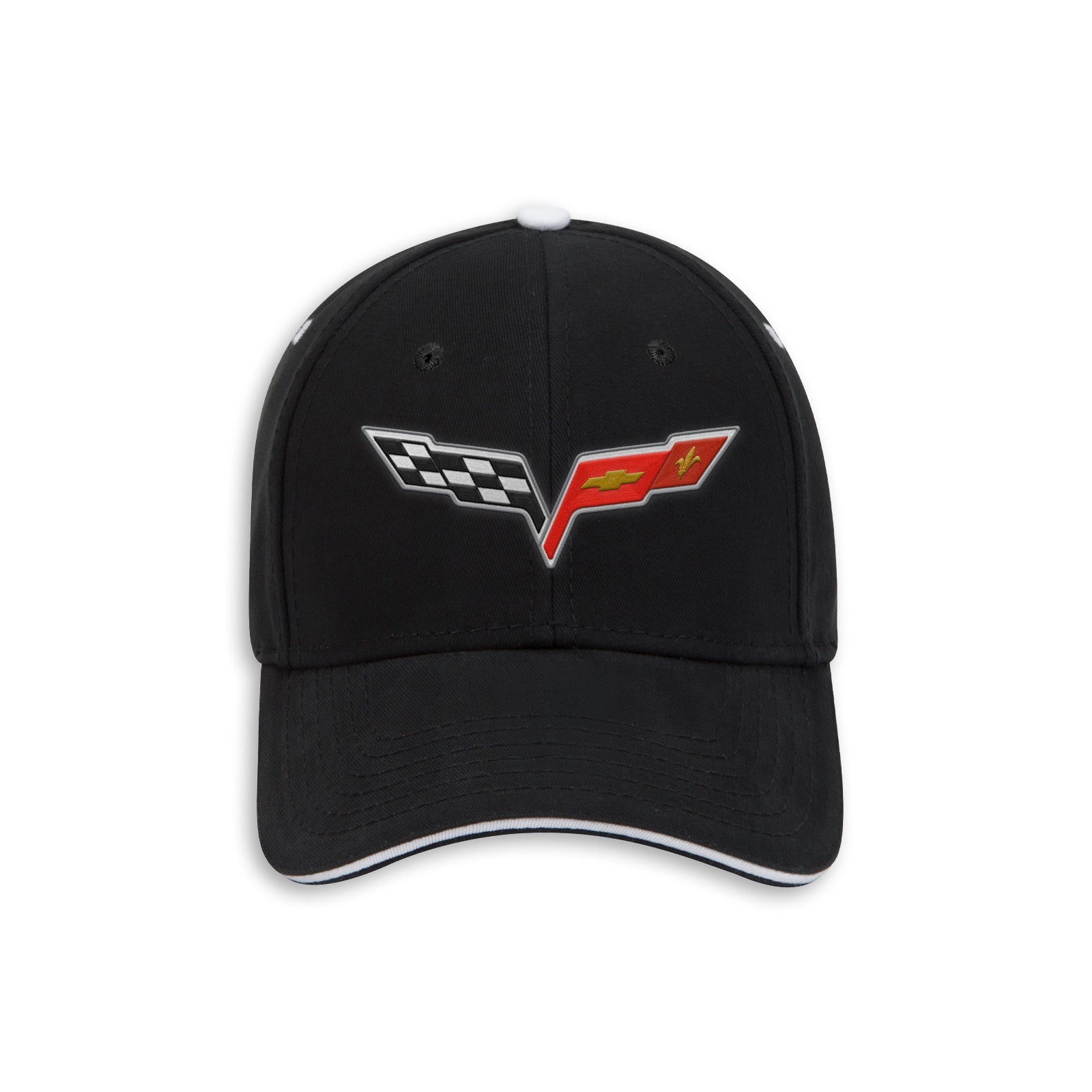A black baseball cap featuring an embroidered Corvette C6 logo on the front, with a white top button and white piping along the edge of the curved brim, set against a plain white background.
