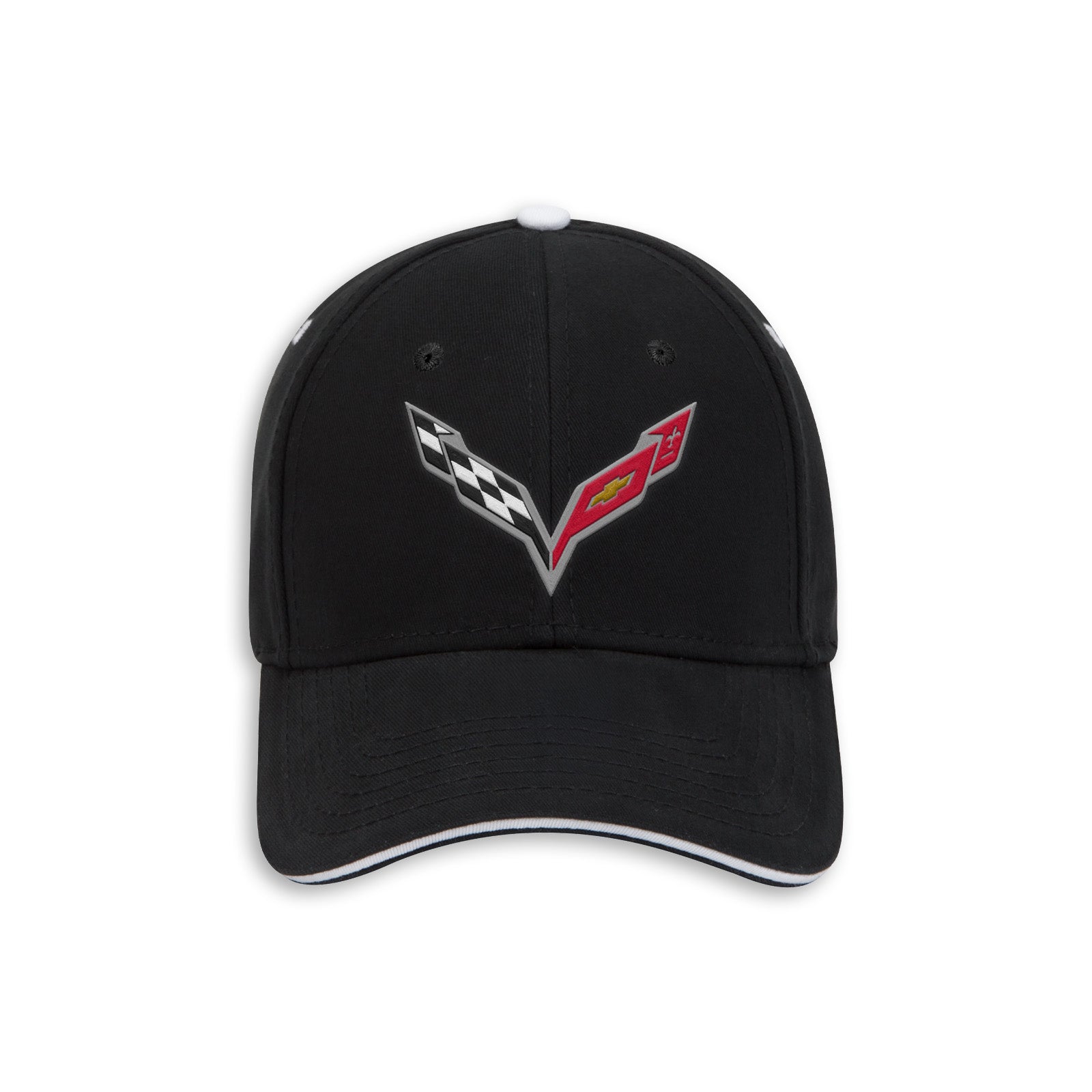 A black baseball cap featuring an embroidered Corvette C7 logo on the front, with a white brim edge and a white top button, shown against a plain white background.