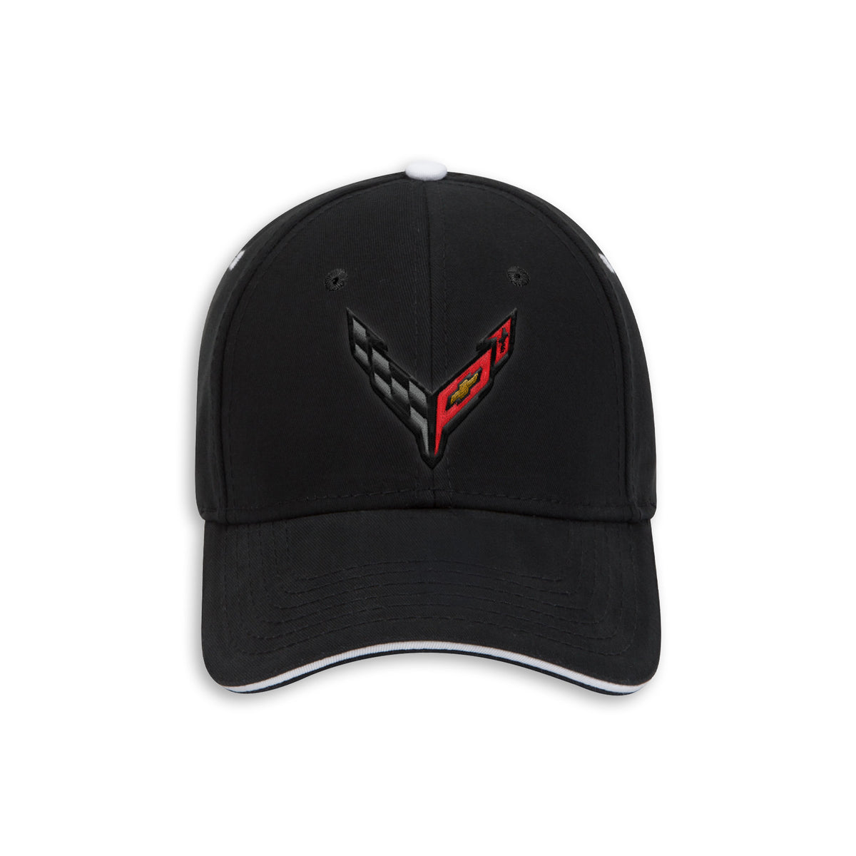 A black baseball cap featuring an embroidered Corvette C8 logo on the front panel, with a white top button and white piping along the edge of the curved brim.