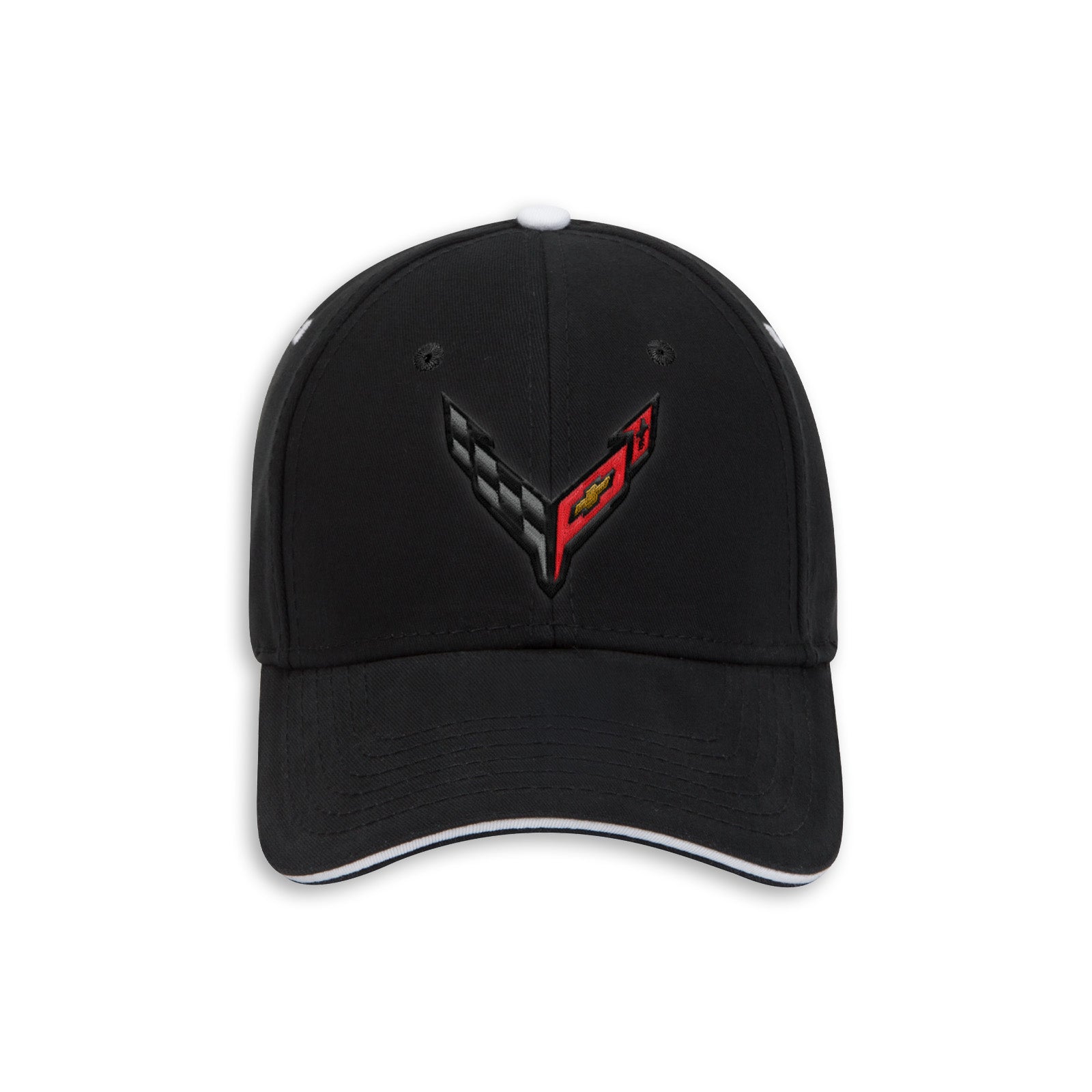 A black baseball cap featuring an embroidered Corvette C8 logo on the front panel, with a white top button and white piping along the edge of the curved brim.
