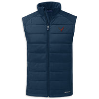 A navy blue sleeveless puffer vest with a full-zip front, stand-up collar, and a small embroidered Corvette logo on the left chest, shown against a plain white background.
