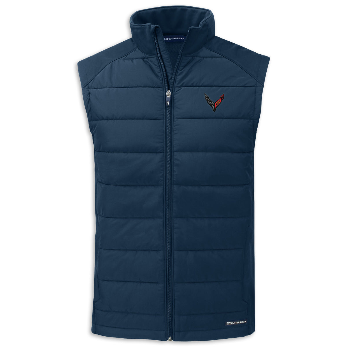 A navy blue sleeveless puffer vest with a full-zip front, stand-up collar, and a small embroidered Corvette logo on the left chest, shown against a plain white background.