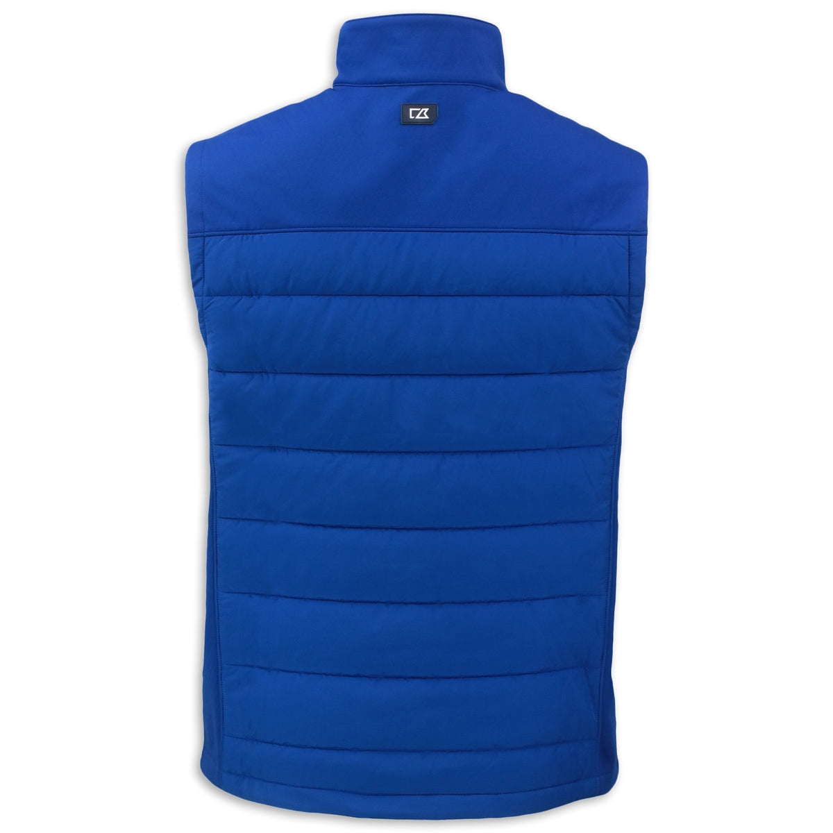 A royal blue quilted puffer vest shown from the back, featuring horizontal quilting, a high collar, and a small black logo patch near the top center.