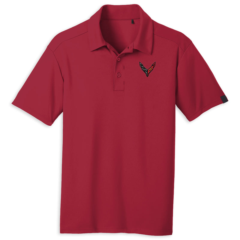 Pique Performance Polo | Signal Red with C8 Corvette Flags