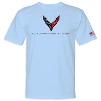 C8 Corvette USA Made | Crossed Flags Light Blue Tee