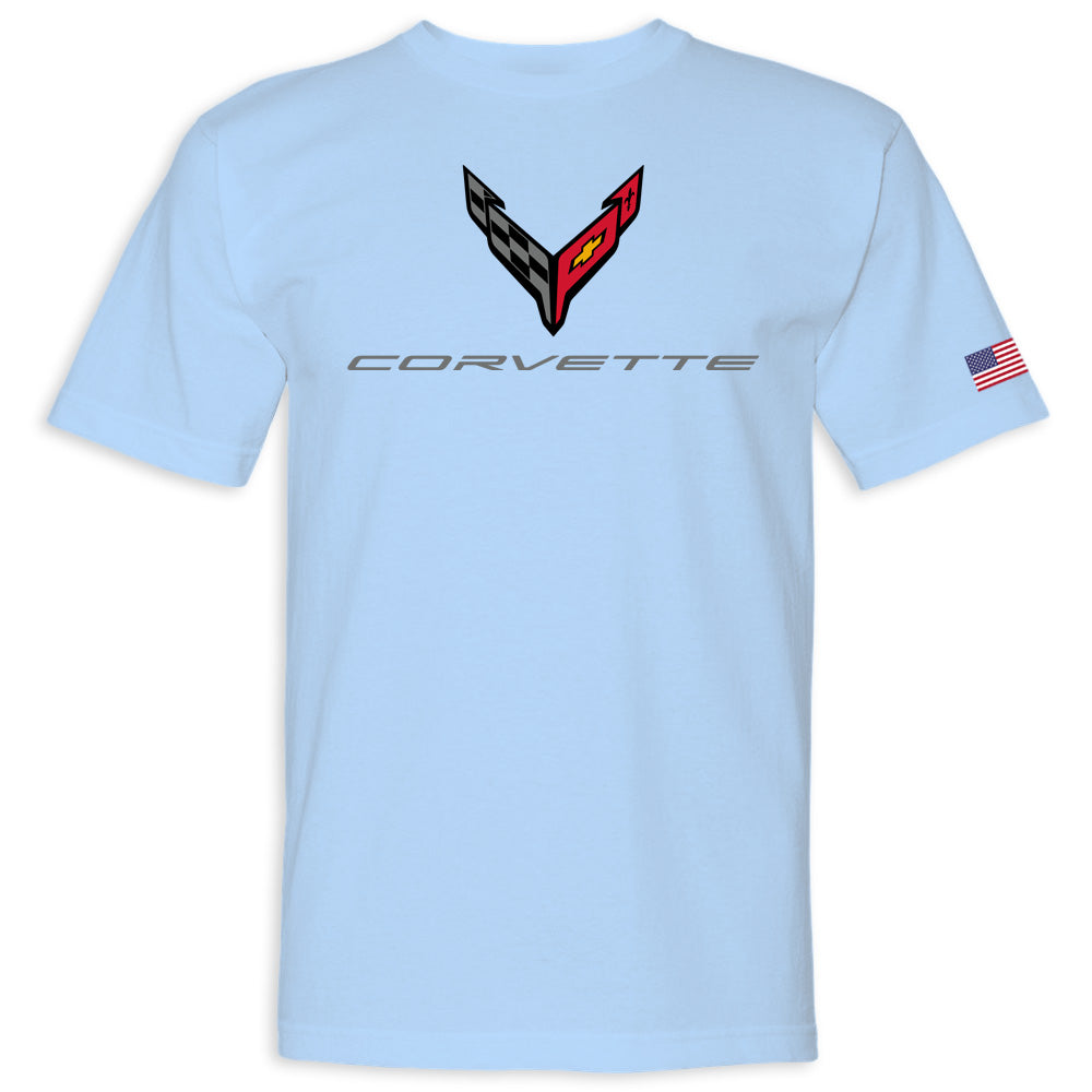 C8 Corvette USA Made | Crossed Flags Light Blue Tee