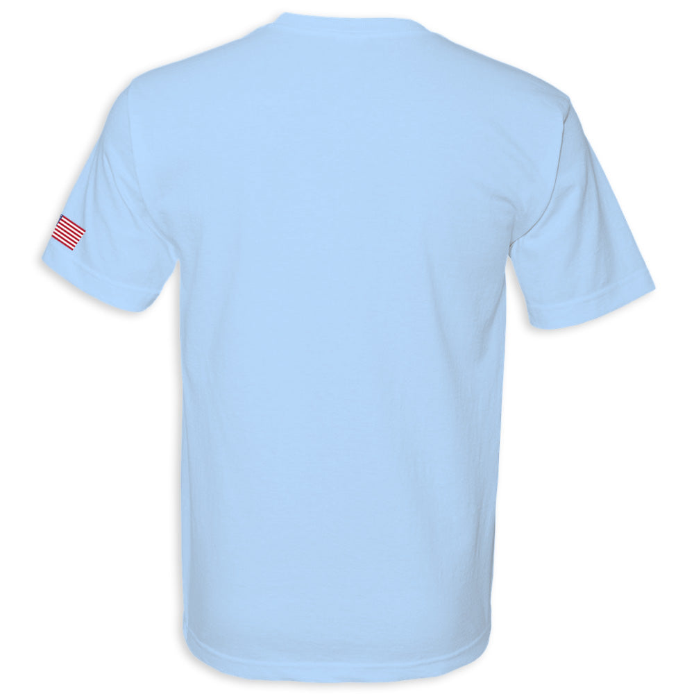 Back of C8 Corvette USA Made | Crossed Flags Light Blue Tee