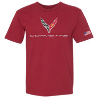 C8 Corvette USA Made | Crossed Flags Cardinal Tee - Front