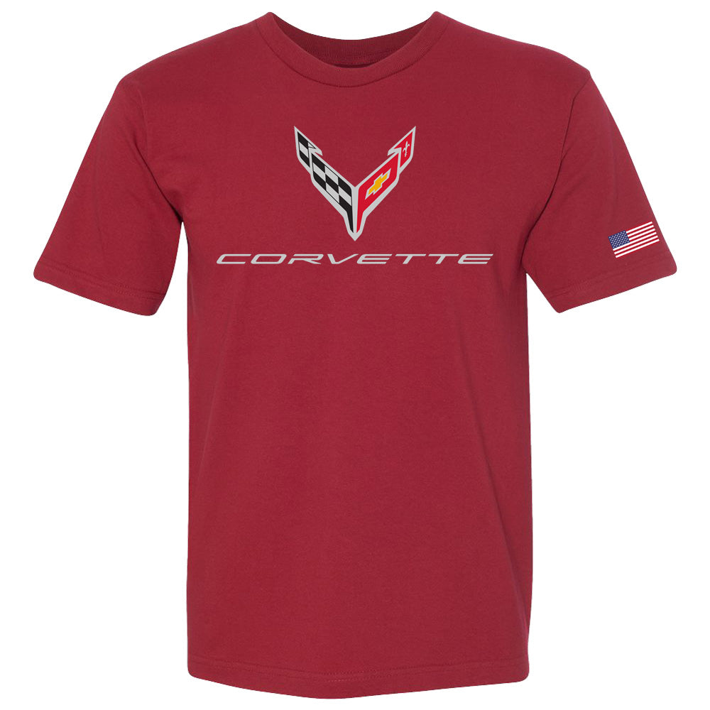 C8 Corvette USA Made | Crossed Flags Cardinal Tee - Front