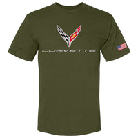 C8 Corvette USA Made | Crossed Flags Olive Tee - Front