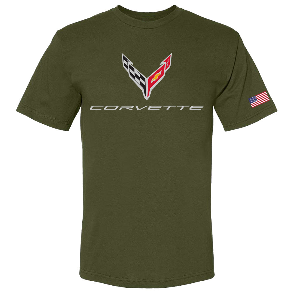 C8 Corvette USA Made | Crossed Flags Olive Tee - Front