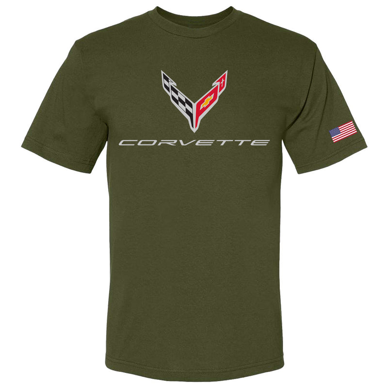 C8 Corvette USA Made | Crossed Flags Olive Tee - Front
