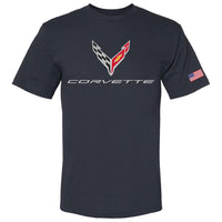 C8 Corvette USA Made | Crossed Flags Navy Tee - Front