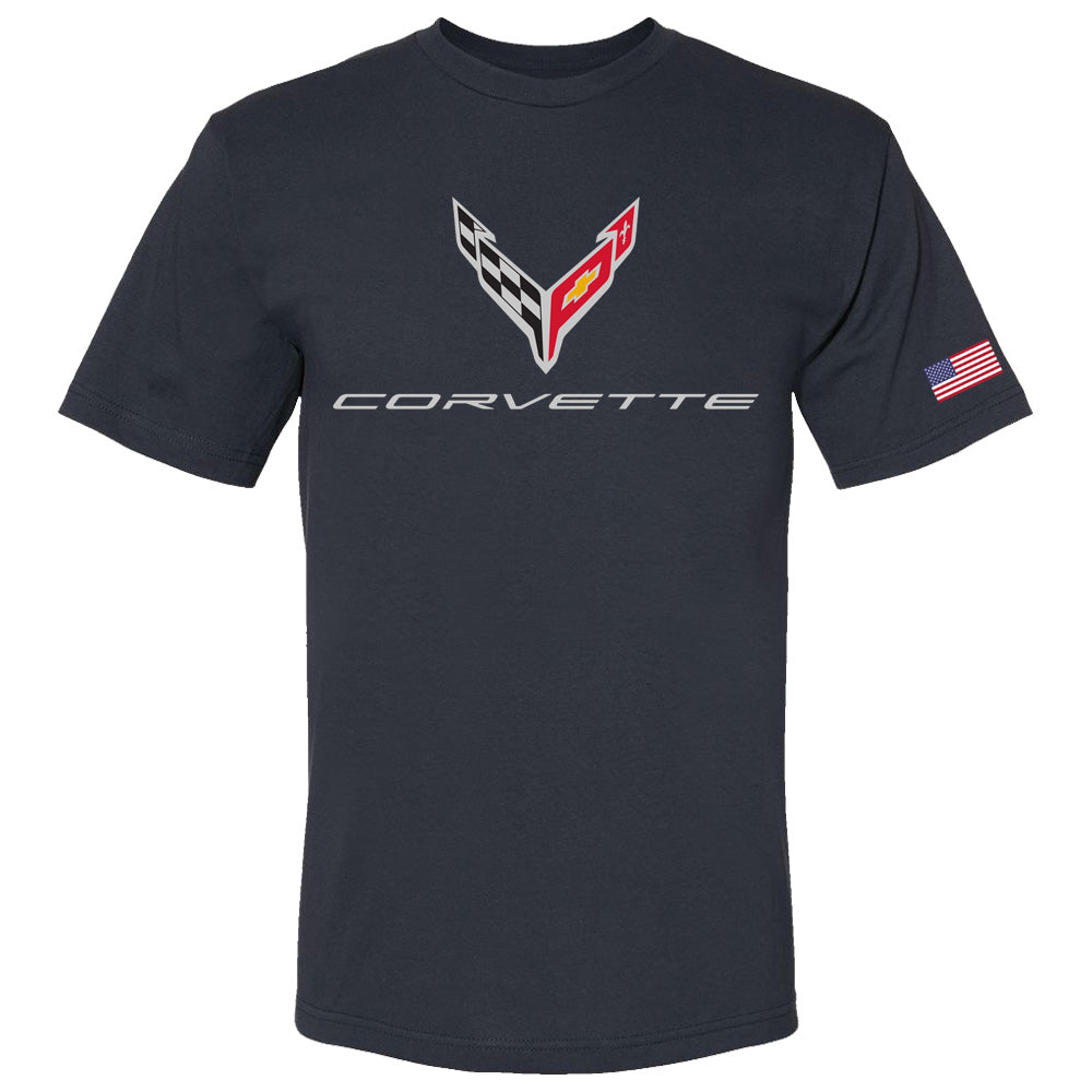 C8 Corvette USA Made | Crossed Flags Navy Tee - Front