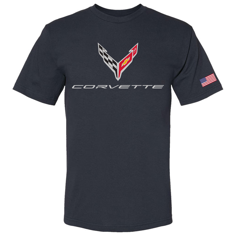 C8 Corvette USA Made | Crossed Flags Navy Tee - Front