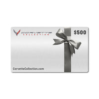 $500 Gift card with a silver bow and Corvette Collection branding on a white background